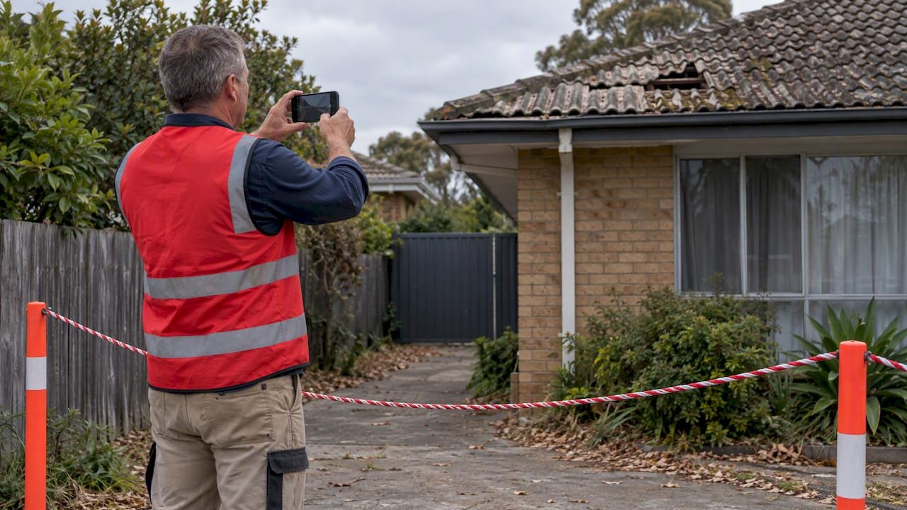 Homeowner photographing damaged roof from behind barrier