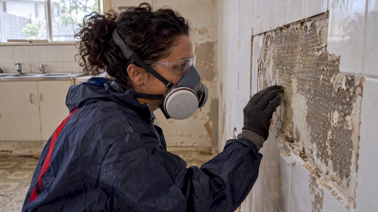 Licensed assessor inspecting kitchen tile backing