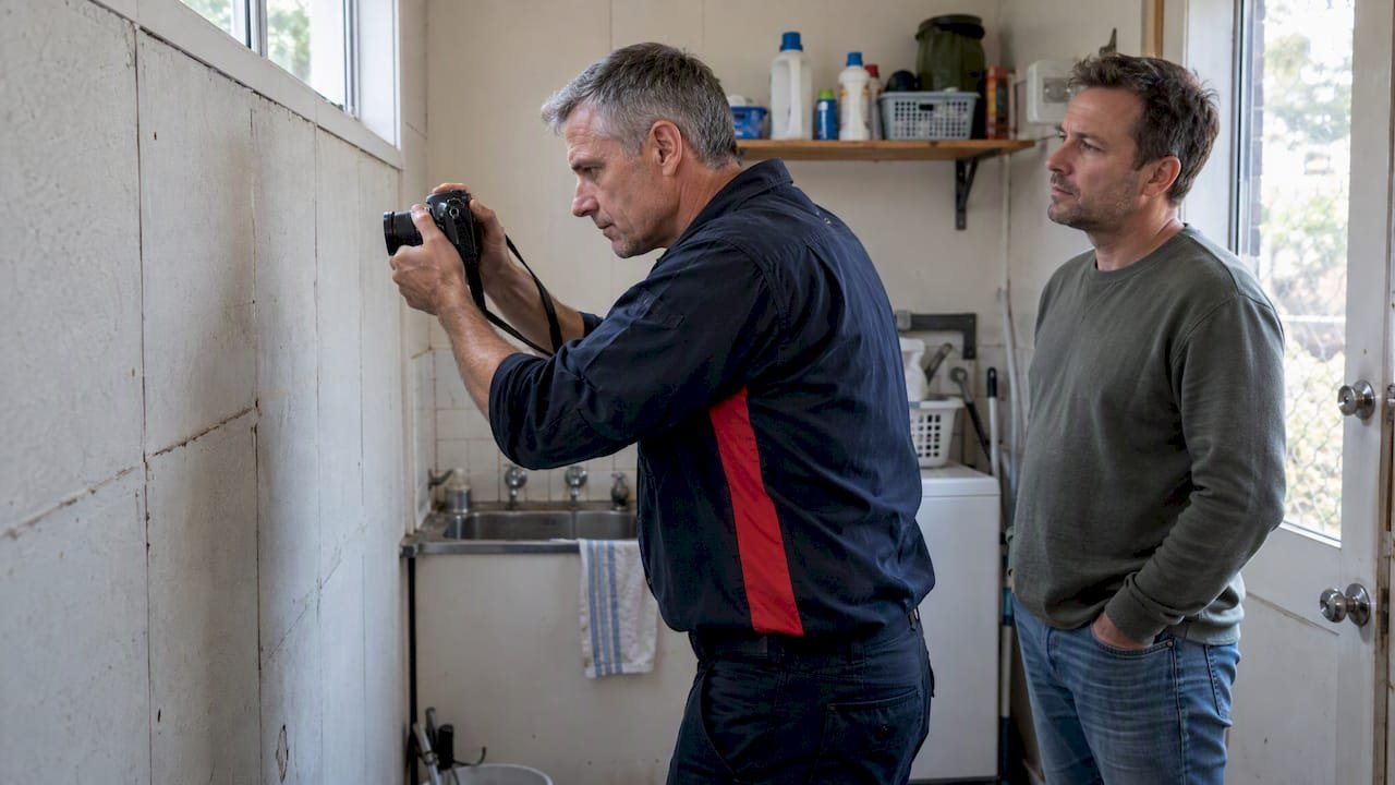 Assessor photographs wall sheeting during inspection