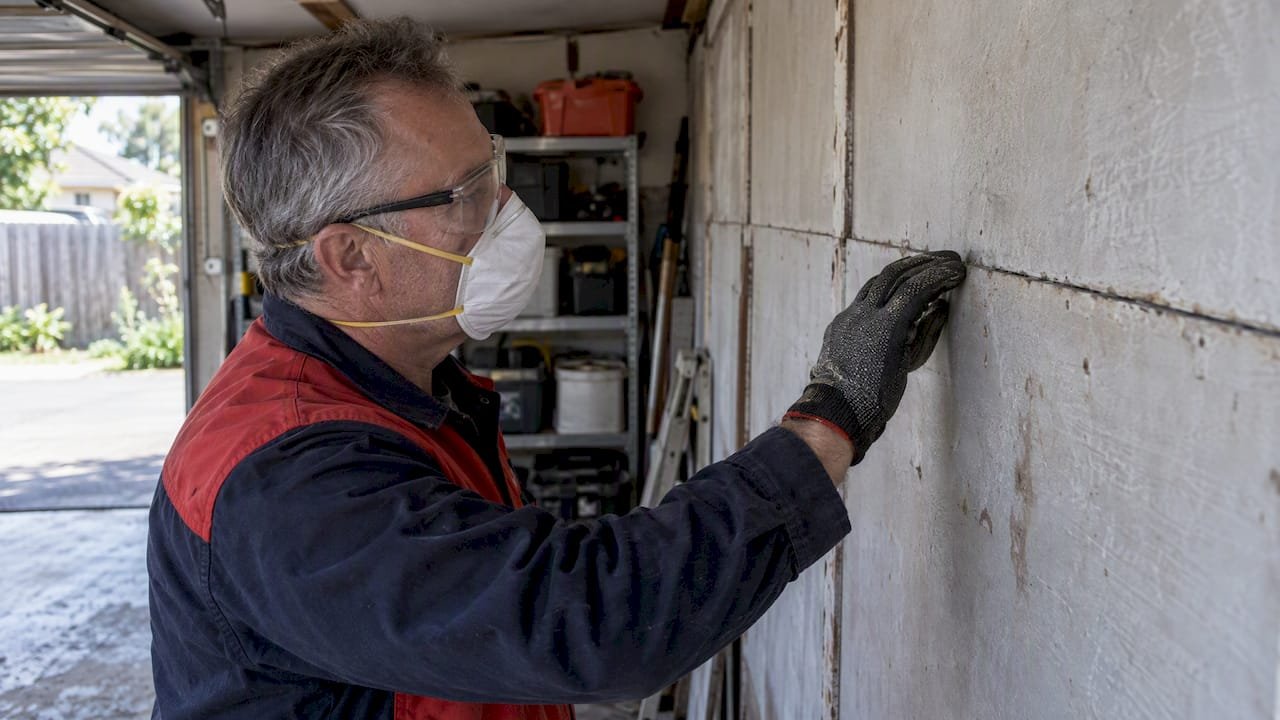 Assessor inspecting garage cement sheet cladding