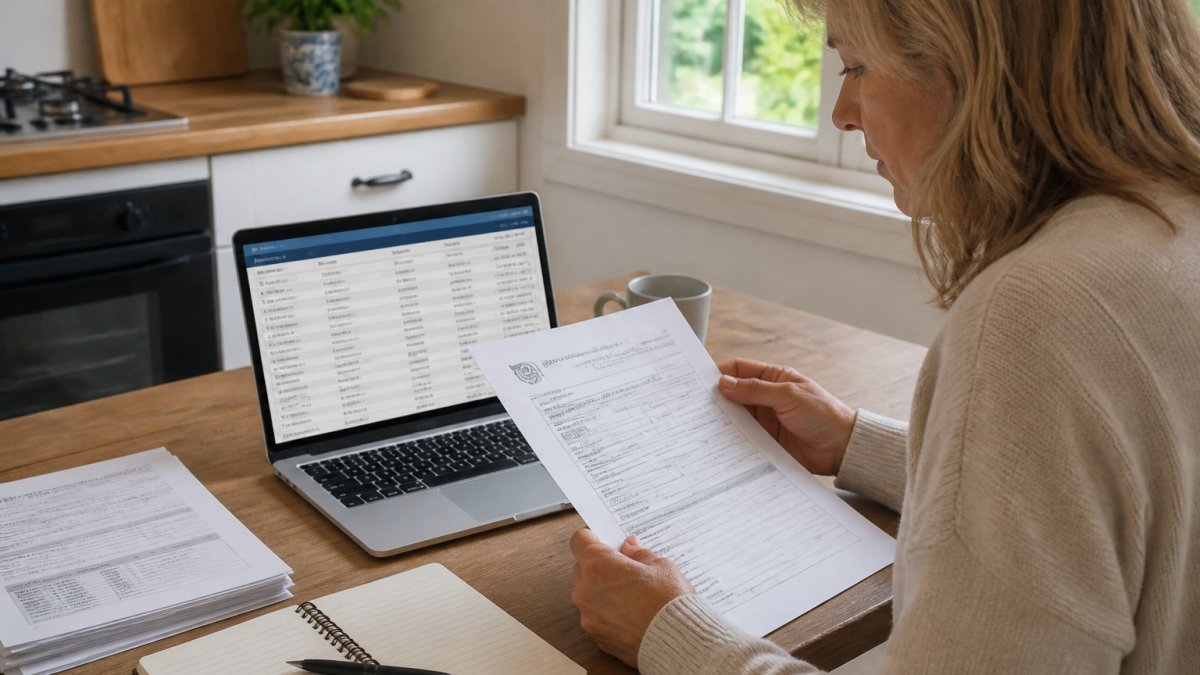 A homeowner sitting at a kitchen table with a laptop, comparing a contractor's paperwork against an official licence register on screen, with a notepad and pen nearby