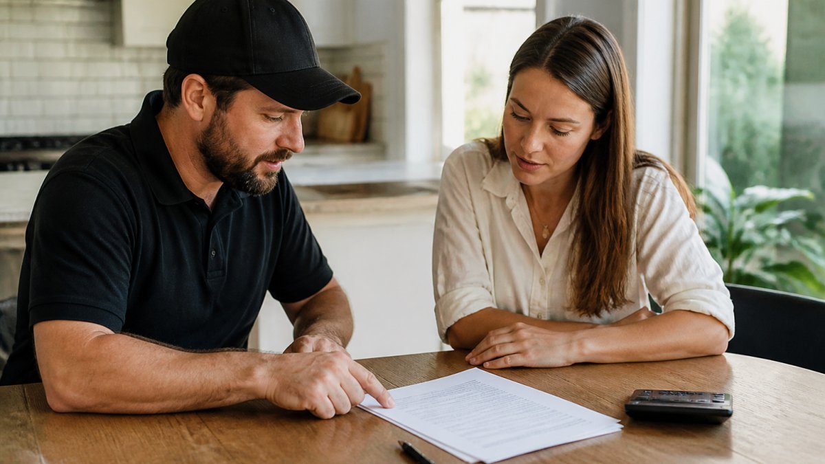 A homeowner and a demolition contractor reviewing a printed quote document on a kitchen table, with a pen and calculator nearby, natural light from a window