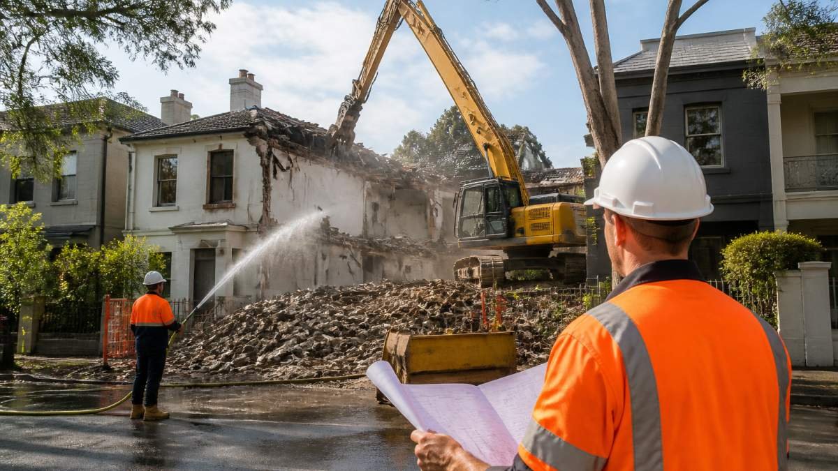 A demolition excavator working on a residential house site in an inner-city street, with a high-reach boom, dust suppression water spray, and a builder in hi-vis and hard hat reviewing site plans in the foreground